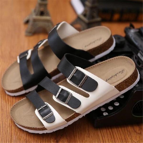 

slippers summer buckle cork slipper sandals flats shoes 2021 casual men mixed color beach flip flops plus size 35-44, Black