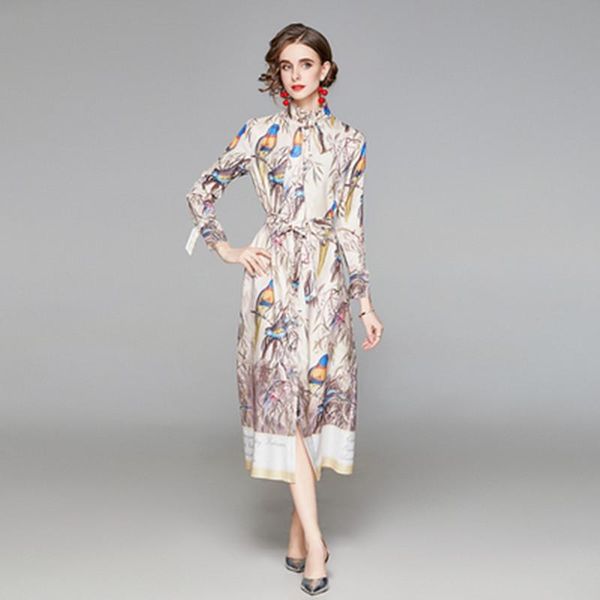 

fashion autumn vintage shirt dress 2021 lady long sleeve floral birds print belt lace-up midi pleated woman clothes casual dresses, Black;gray