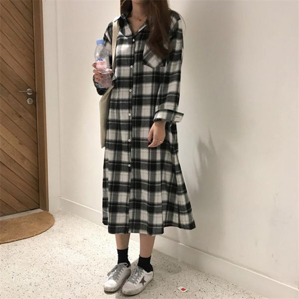 

casual dresses autumn winter vintage plaid women shirt female turn-down collar vestidos long sleeve office dress wz119, Black;gray