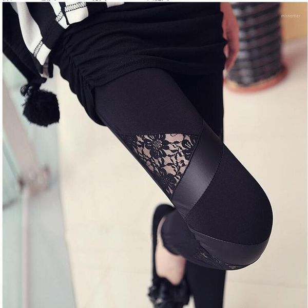 

women's leggings 2021 spring skinny hollow lace mesh vinyl faux leather patchwork jeggings workout pants black mujer