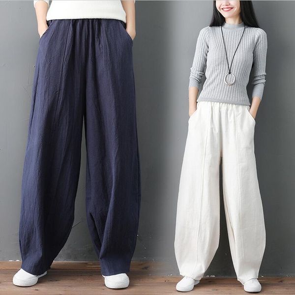 

women's pants & capris streetwear women wide leg cotton linen pockets high waist lantern trousers solid khaki black navy blue, Black;white