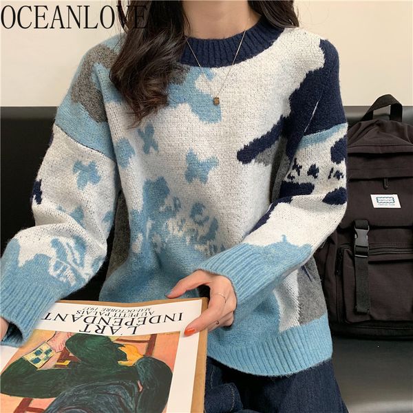 

autumn winter pullovers print harajuku vintage warm women sweaters loose fashion mujer sueter casual 17542 210415, White;black