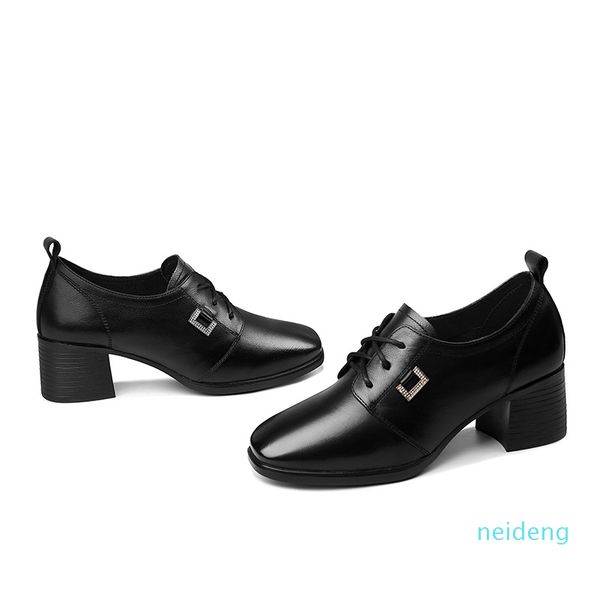

fashionable 2021 for comfort layer cowhide square head coarse single shoe lace-up solid color women's shoes platform women's shoes, Black