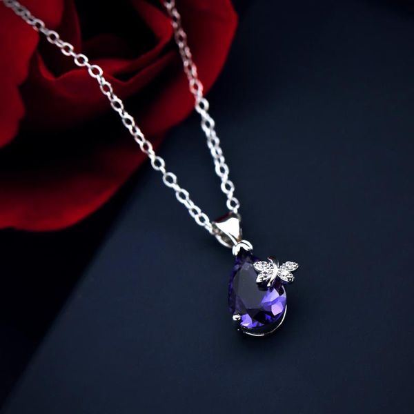 

butterfly purple crystal pendant necklace for women necklaces & pendants silver color jewelry charms jewellery choker kolye chains