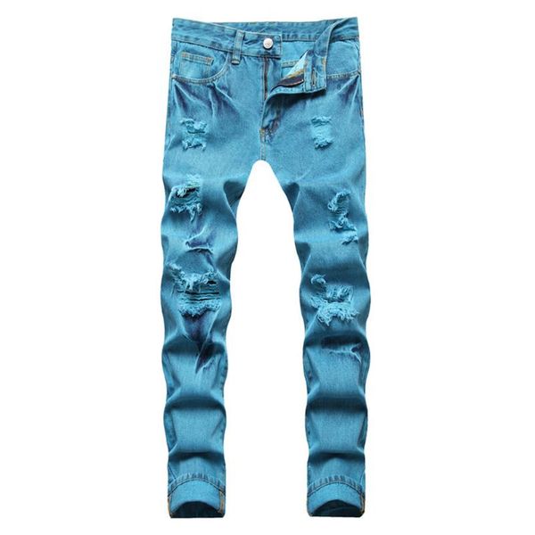 

men's jeans y2k ripped denim trendy holes distressed turquoise blue straight pants casual plus size long trousers