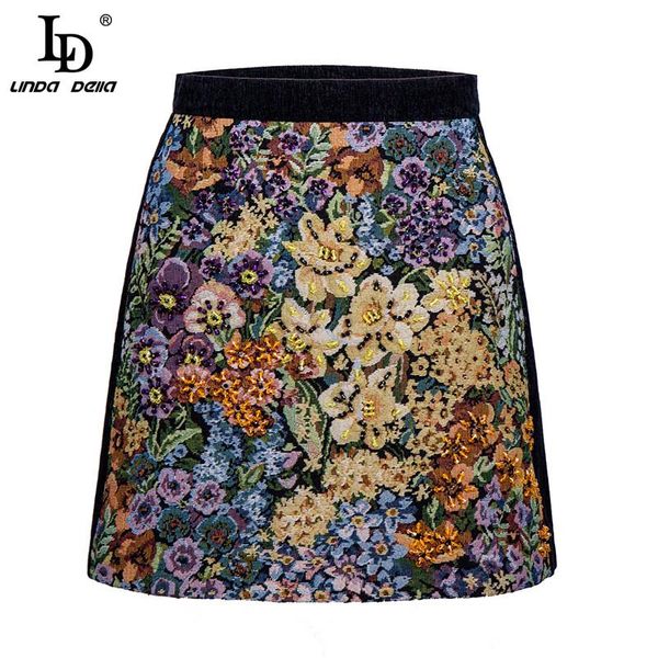

skirts ld linda della 2021 fashion runway summer short jacquard women's high waist beaded flower print vintage a-line mini skirt, Black