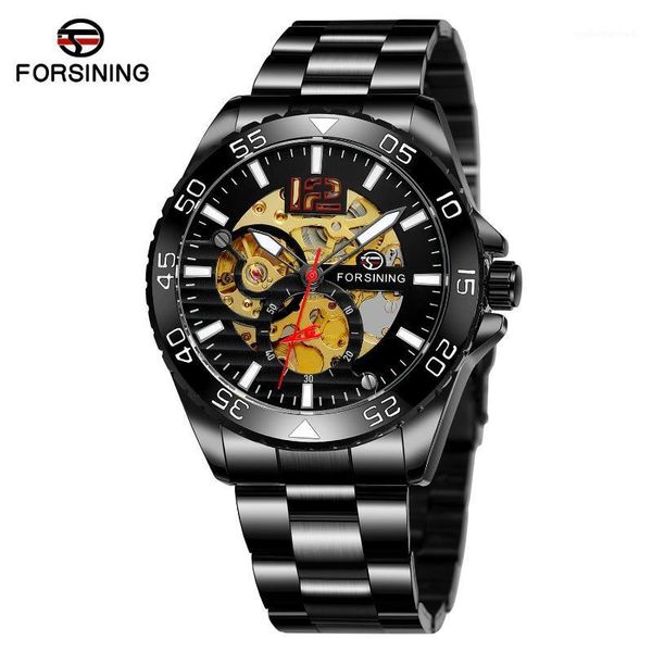 

wristwatches forsining mechanical watches men's leisure hollow through fully automatic movement wrist watch steel band, Slivery;brown