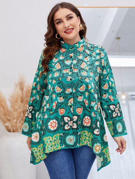 

plus floral print asymmetrical hem blouse 21k1#, Black