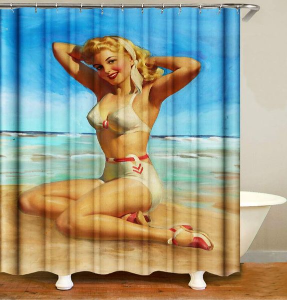 

manga beach beauty bikini privacy friendly shower curtain, printed shower curtain in multiple colors