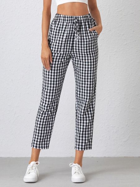 

knot waist gingham pants 73ub#, Black;white