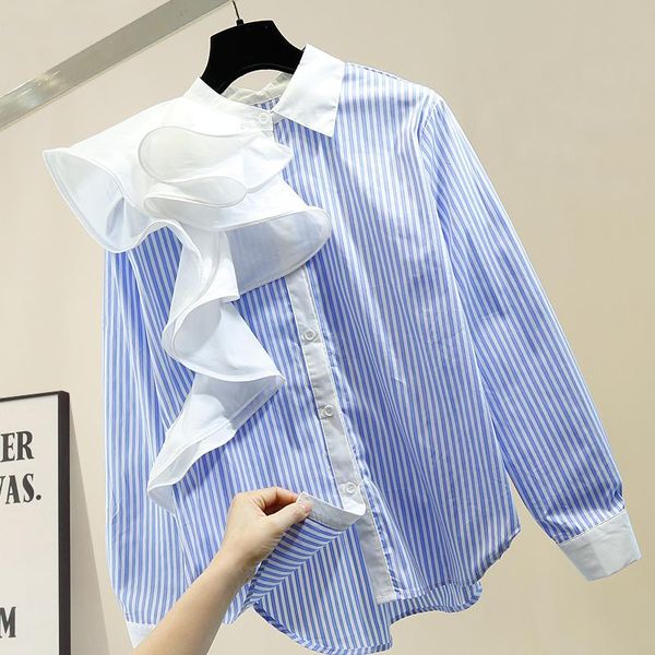 

women's blouses & shirts blusas mujer de moda 2021 fashion design three-dimensional ruffled sweet long sleeve shirt personality lapel b, White
