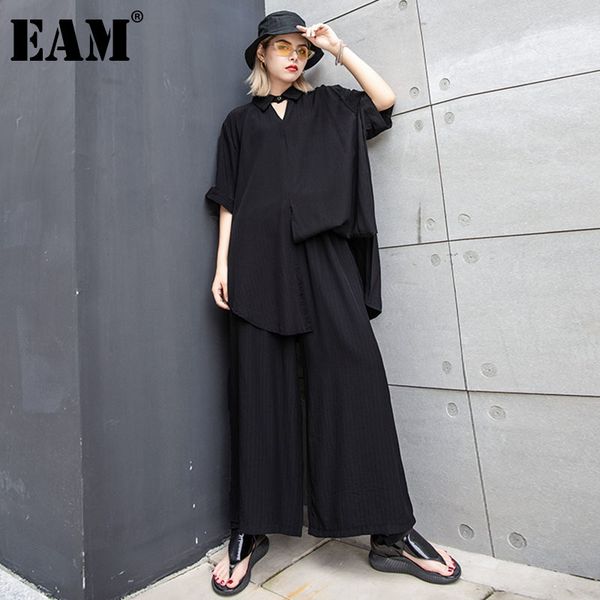 

[eam] big size irregular hollow out wide leg pants two piece suit lapel half sleeve loose women fashion summer 1dd7495 21512, White