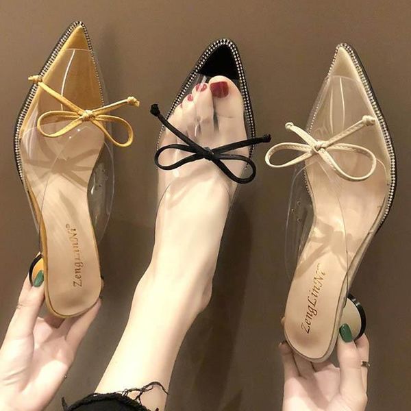 

sandals pointed toe bow-knot transparent women slippers clear sandalias round med heels shoes peep sandales 2021, Black