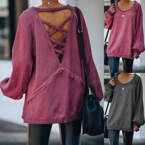 

casual backless women t-shirts spring autumn back cross straps hollow out pullover v neck long sleeve solid loose tees 210526, White