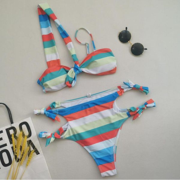 

one-piece suits 2021 european and american stripe print lace up high waist bikini split swimsuit