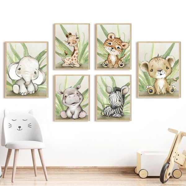 

paintings tropical leaf jungle animals lion leopard elephant giraffe poster wall art print canvas painting decor pictures baby kids room