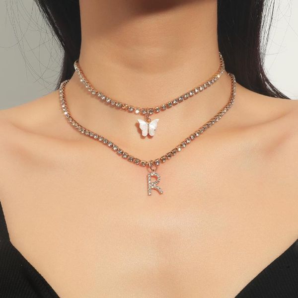 

chains european and american fashion double full diamond crystal butterfly letter pendant necklace light luxury personalized jewelry, Silver