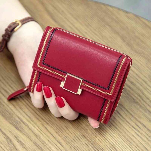 

new korean short cowhide fashion women's zero wallet thin mini wallet, Red;black