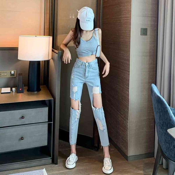 

women's jeans torn breech breeches high waist women's retro-personalized slimming brushed thin summer fit straight fashion pants c, Blue