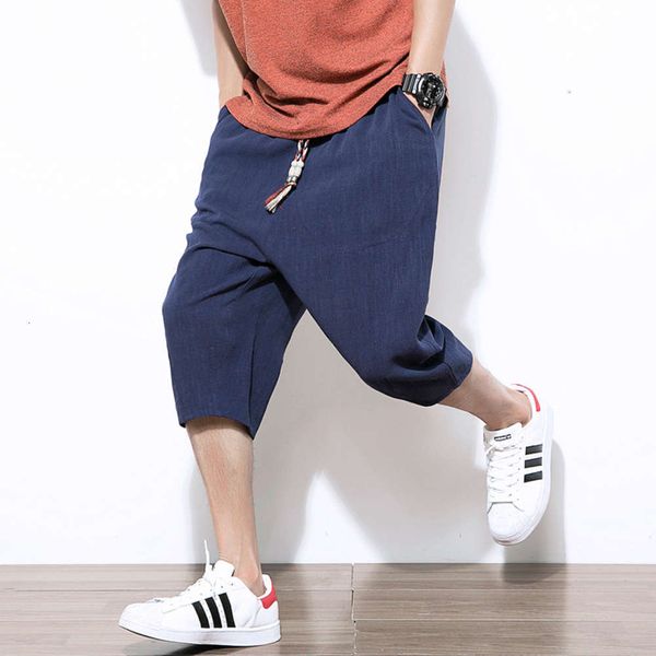 

men's pants chinese style summer linen casual solid color cotton hemp harem capris loose byar, Black