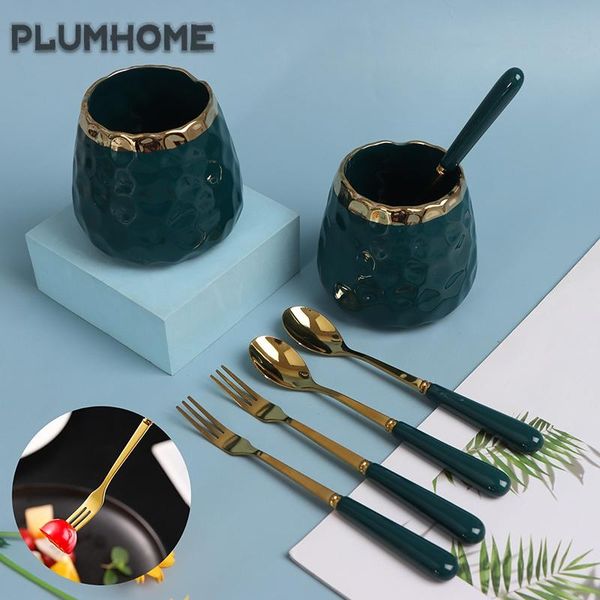 

forks tableware marbled ceramic cutlery set storage tank gold spoon and fork mirror coffee dinner kintchen spoons holder sets