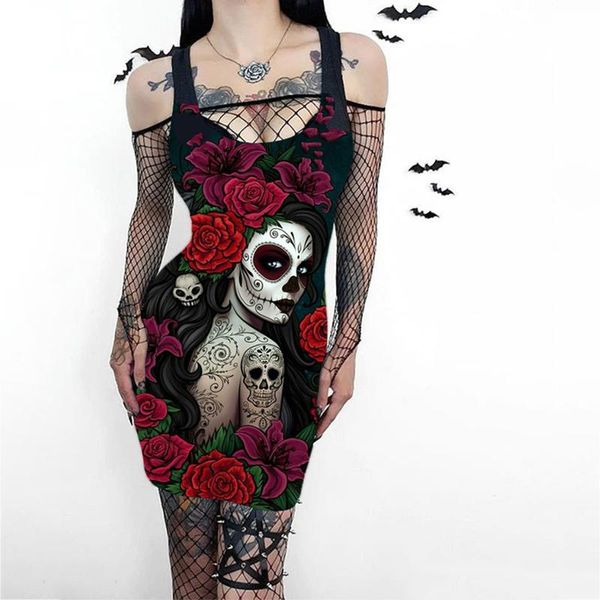 

casual dresses 3d halloween party dress skull flower print y2k women sleeveless punk gothic harajuku street ladies clothing, Black;gray