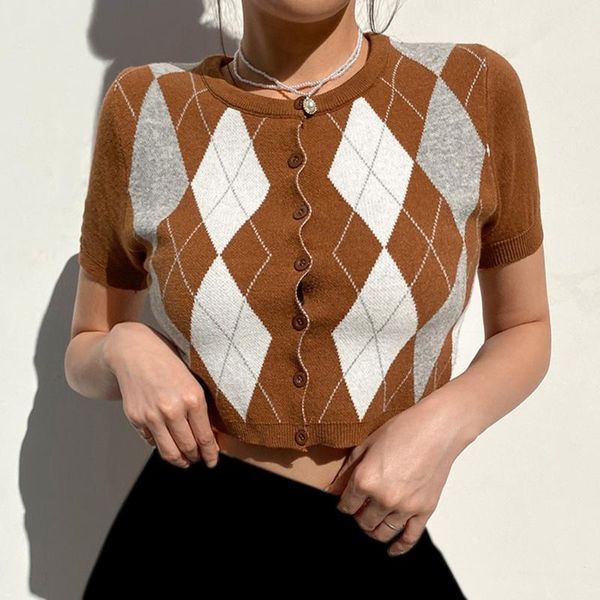 

women short sleeve knitted cardigan o-neck button down sweater coat preppy style vintage argyle plaid print crop tee women's t-shirt, White