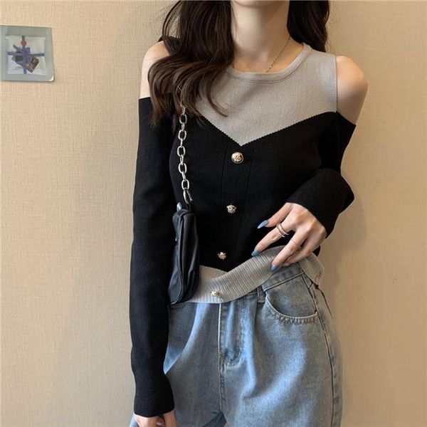 

girls autumn knitted full sleeve womens sweaters pullovers woman patchwork o neck off shoulder buttons chic sweater female, White;black