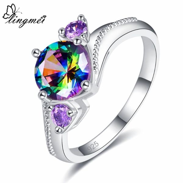 

wedding rings lingmei gorgeous cocktail round cut rainbow & black purple cubic zircon fashion jewelry silver color ring size 6-9, Slivery;golden