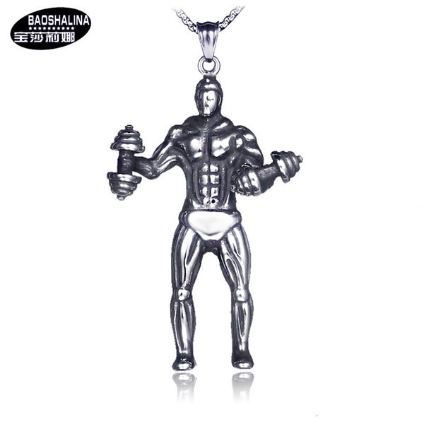 

hip hop muscle men's necklace stainless steel fitness dumbbell pendant, Silver