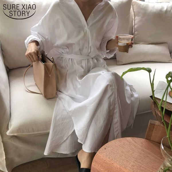 

white long sleeve shirt dress spring fashion women long dresses turn down collar single breasted sashes vestidos 12806 210527, Black;gray