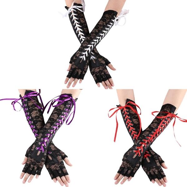 

sports gloves lace up fingerless long glove flower punk half finger elbow length breathable floral, Black