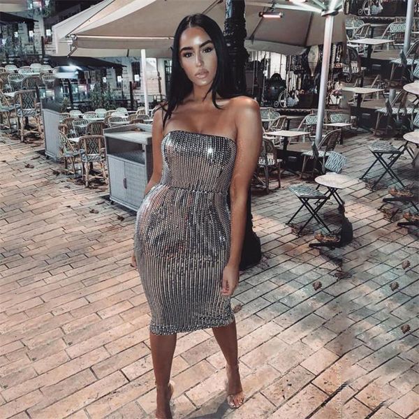 

casual dresses hight quality silvery sequins strapless backless bodycon knee length dress elegant celebrity evening party, Black;gray