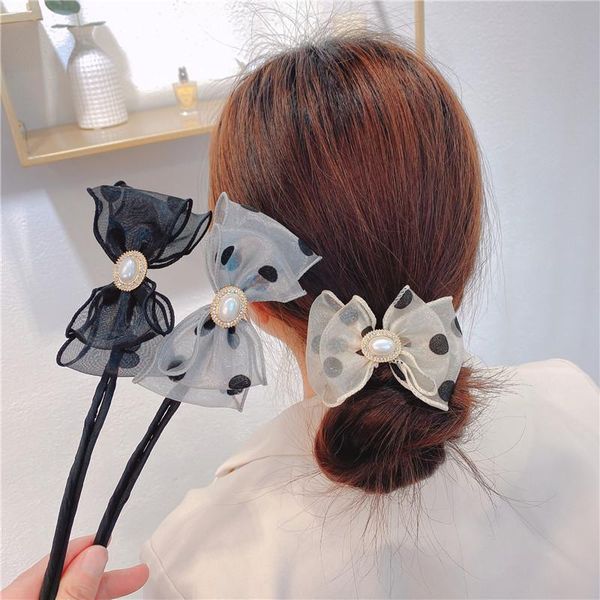 

hair accessories 2021 mesh bowknot rhinestone pearl stick woman bun ponytail elegant foldable scrunchies headdress