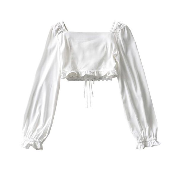 

women's blouses & shirts 2021 european and american style autumn winter trumpet sleeve one line collar slim open navel short t-shirt, White