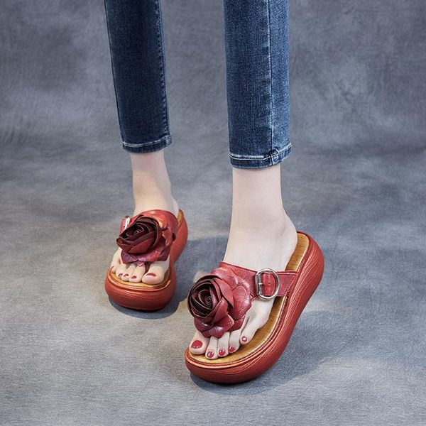 

women flips flops flower leather beach slippers red summer shoes handmade genuine high heels wedge 2021, Black