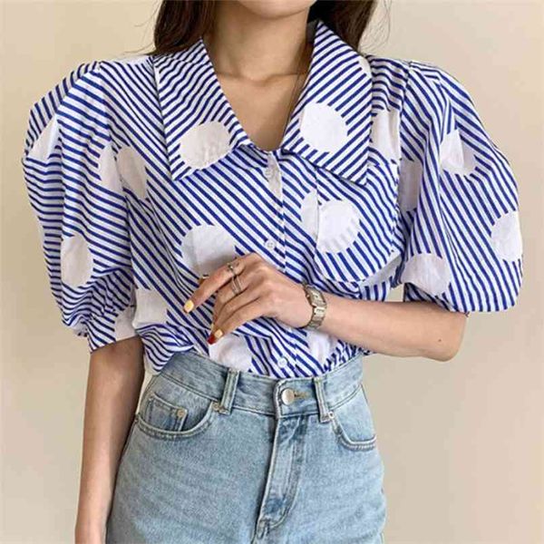 

women's summer shirt korean retro polka dot striped lapel single-breasted loose all-match puff sleeve female pl201 210506, White