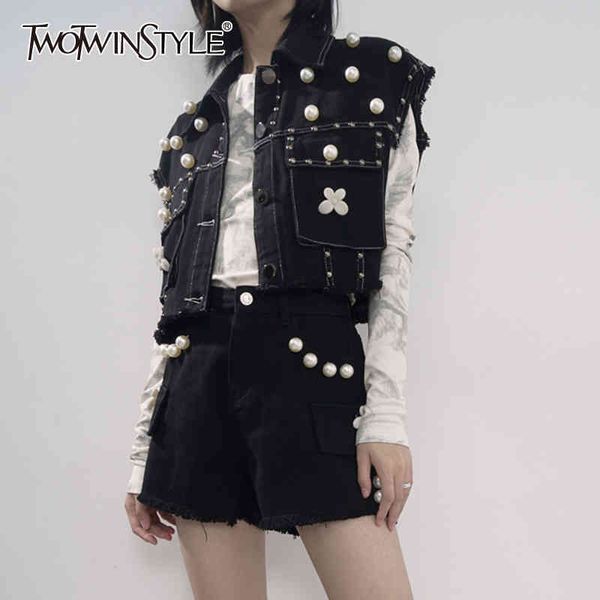 

korean denim set for women lapel sleeveless patchwork pearl vintage shorts female two piece sets clothes 210428, White