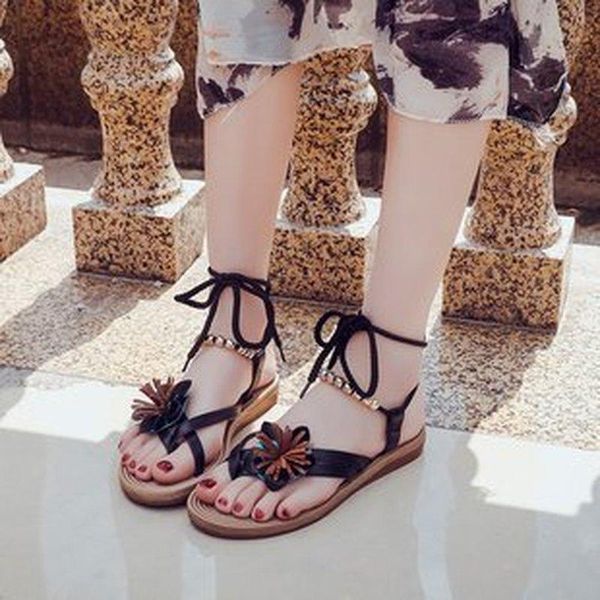 

rome women shoes summer rope flat lace cross-tied slippers open toe sandals sandalia feminina chaussures femme, Black