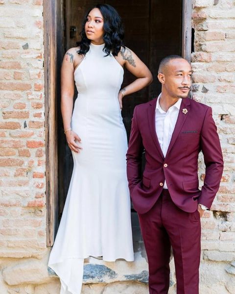 

men's suits & blazers burgundy wedding groom men notch lapel costume homme tuxedos terno masculino prom blazer slim fit 2 pcs jacket+pa, White;black