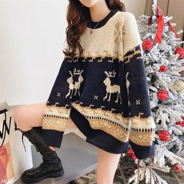 

women's sweaters autumn and winter deer lazy sweater loose long sleeve christmas pullover top, White;black