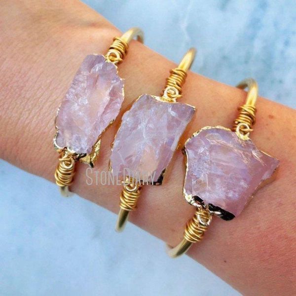 

bangle bm27692 raw rose quartz gold chunky geometric crystal boho chic adjustable brass, Black