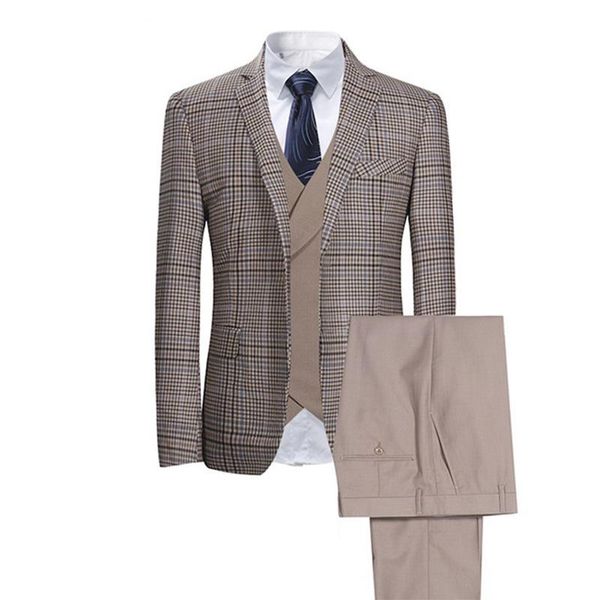 

men's suits & blazers men 3-piece suit khaki lapel plaid slim fit business casual for groom man wedding banquet (blazer+vest+pants) 202, White;black