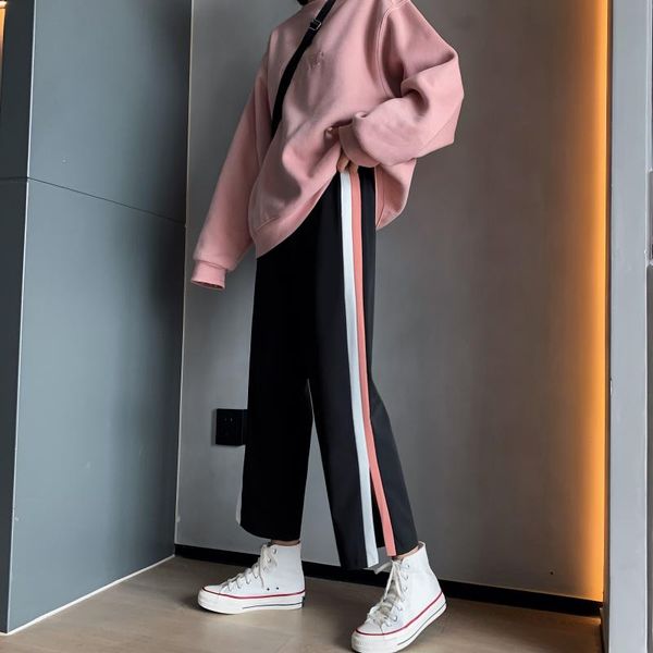 

sweatpants women harajuku casual harem wide legs full pants spring and autumn hip hop streetwear solid color patchwork women's & capris, Black;white