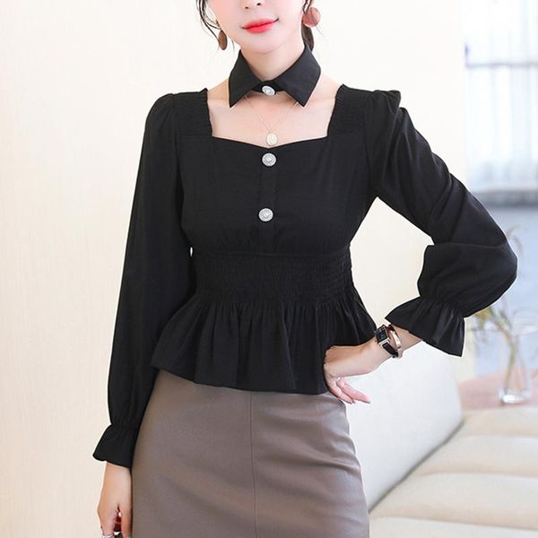 

autumn elegant korean womens clothing square collar short shirt women flare long sleeve chiffon blouse crop women's blouses & shirt, White