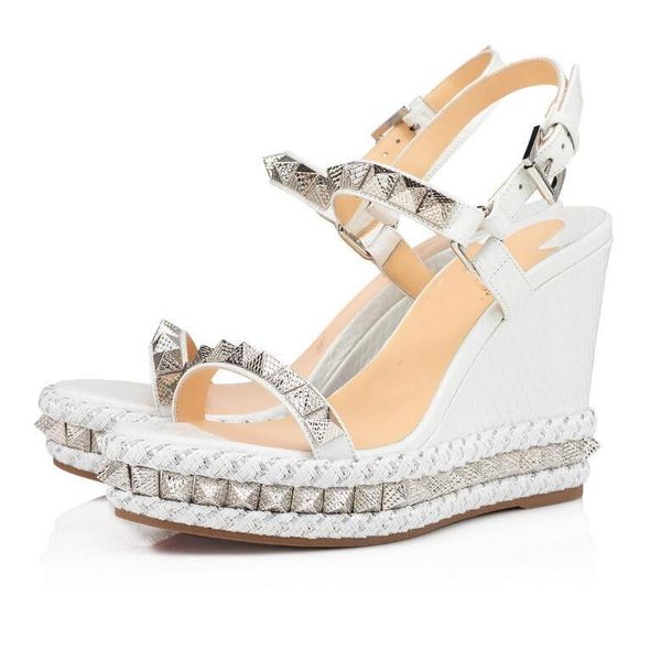 

famous red soles wedge pyraclou sandals white leather studded ladies ankle strap women's platfrom pumps party dress eu35-43 with box, Black