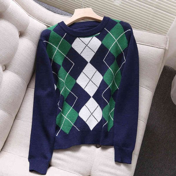 Streetwear Donna O-Neck Maglione Moda Signore Plaid Causal Femminile Full Sleeve Top Girls Slim Woolen 210430