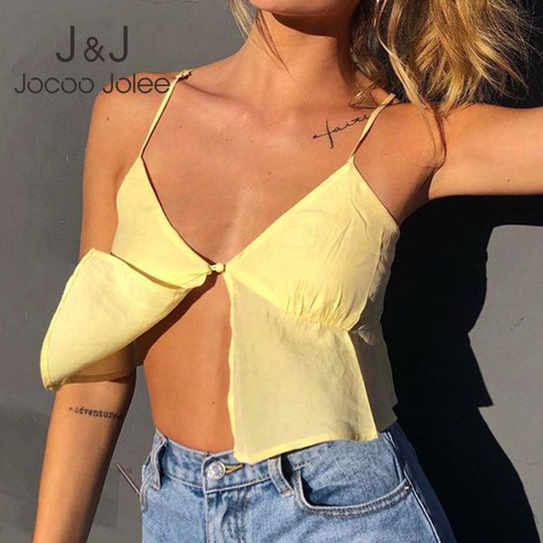 

jocoo jolee women summer backless ruched v-neck skinny y2k split ruffle solid tank streetwear sweet part club vest 210518, White