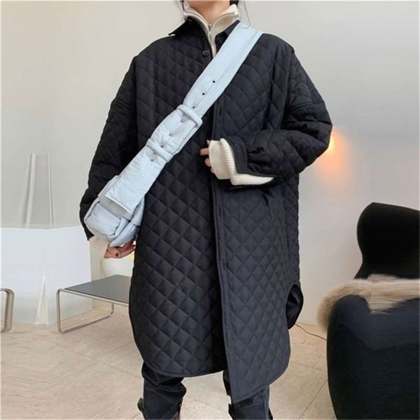 

winter parka thick fashionable silhouette argyle shirt quilted cotton coat female oversize thin long warm jacket women 210927, Black