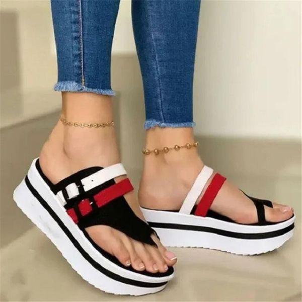 

plus size belt buckle flip flops platform women slippers outdoor wedge height increasing slides thick sole sandals, Black